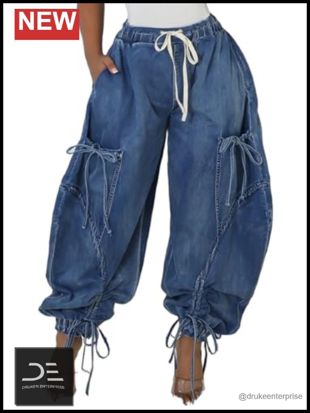 High Waisted Wide Leg Baggy Cargo Jeans Y2K Drawstring